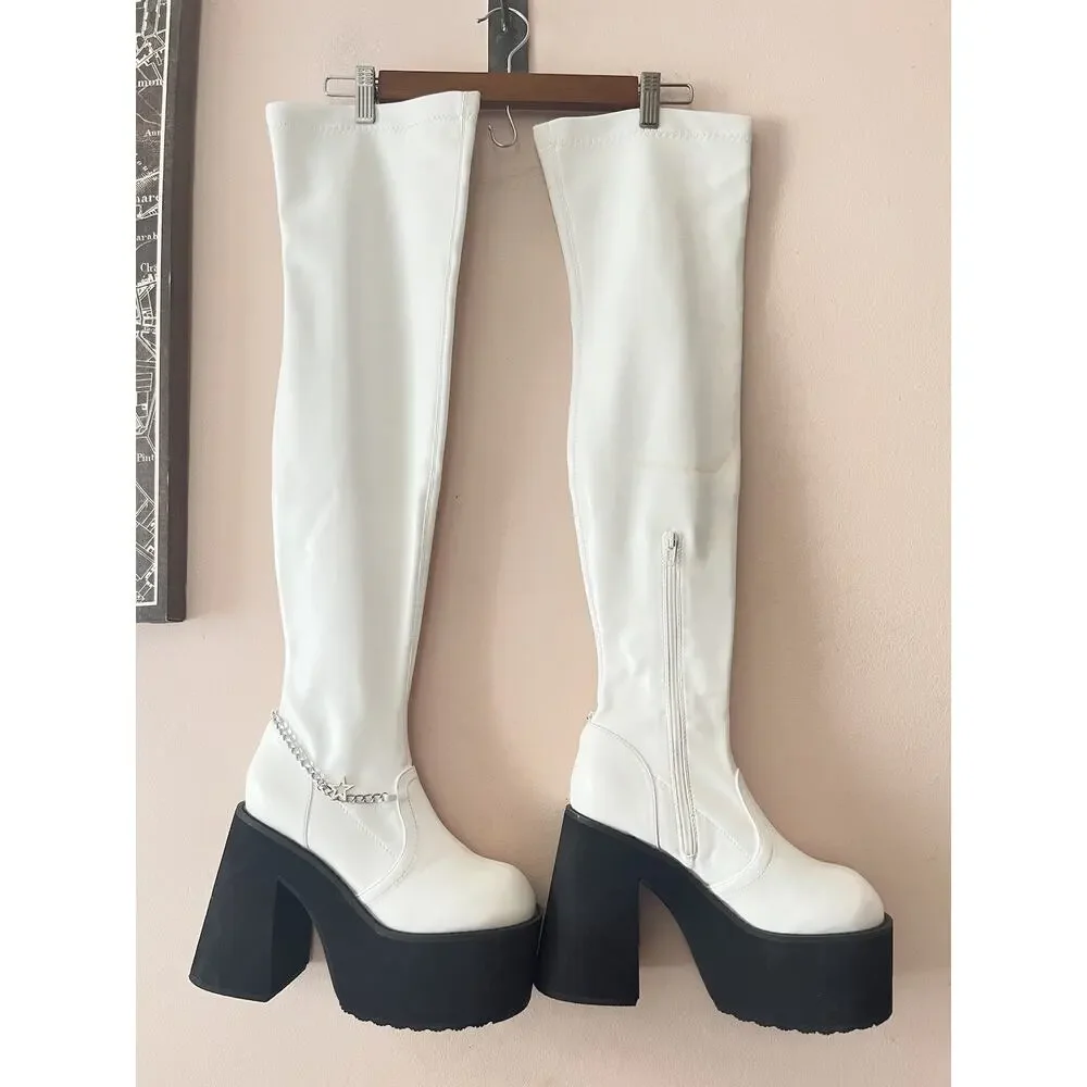 Dolls Kill BRATZ Thigh High Boots •8• Angel MISS SOCIALITE White Platform Go Go